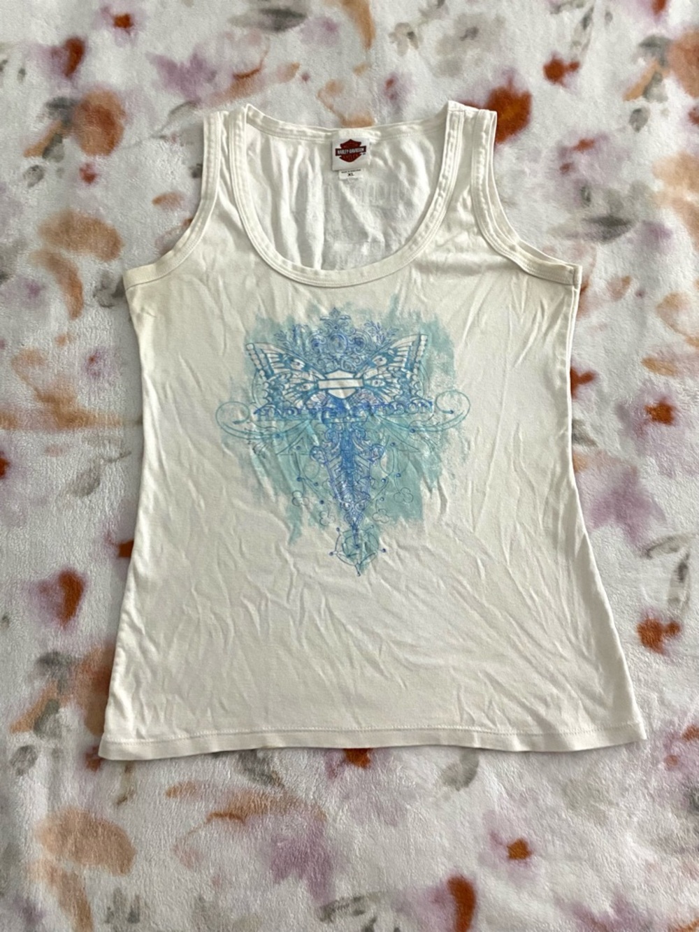 Harley-Davidson Women's White Graphic Tank Top with Blue Design and gems